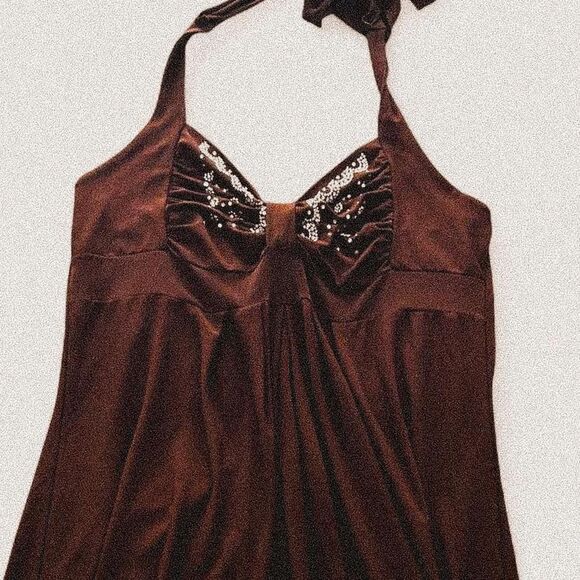 Vintage Y2K Brown Rhinestone Halter Tank Mini Dress – Open Back Detail xl - Picture 1 of 8
